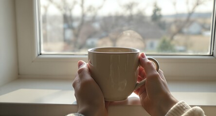 Cozy Morning Coffee Cup Held by Hands by the Window.