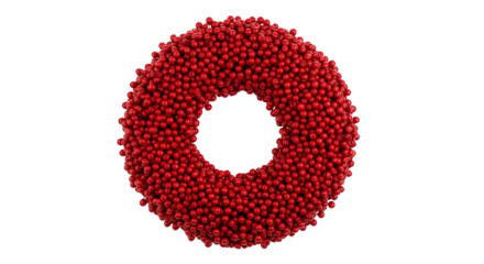 A vibrant ring of small red spheres creates an abstract, textured shape against a clean white background.