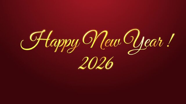 luxury new year celebration banner with date 2026. elegant 2026 holiday greeting with glowing gold script. happy new year 2026 golden calligraphy text on red background.