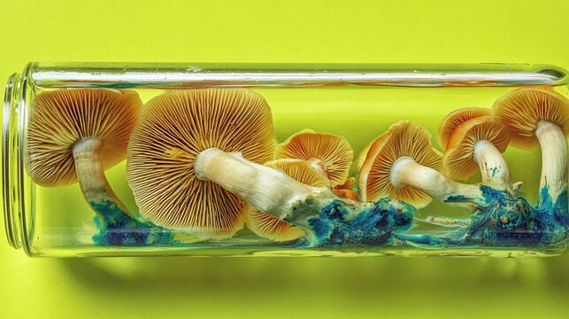 Mushrooms in Glass Tube on Yellow Background