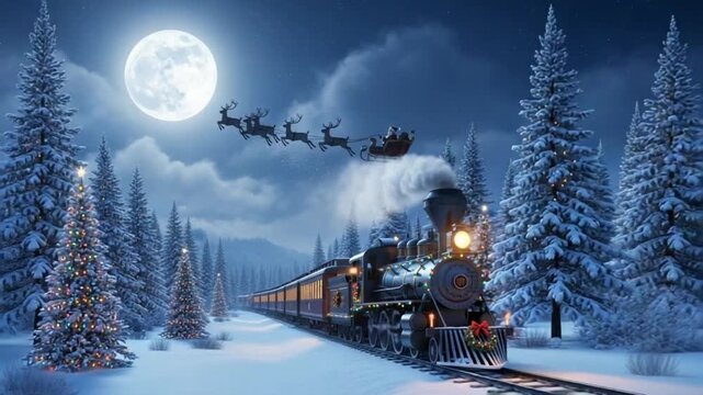 A festive steam train decorated with christmas lights travels through a snowy forest under a full moon with santas sleigh and reindeer flying overhead on a magical winter night