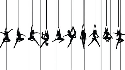 Aerial yoga silhouettes, aerial dance poses, suspended movement, hammock fitness, flexibility, strength, balance, acrobatics, aerial art, body control
