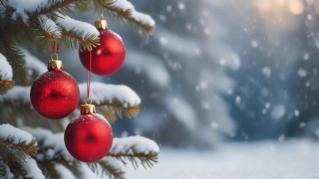 Escena navide&ntilde;a invernal con ramas de abeto cubiertas de nieve y elegantes bolas rojas brillantes. Fondo de bosque nevado desenfocado con suave ca&iacute;da de nieve y luz c&aacute;lida, 
