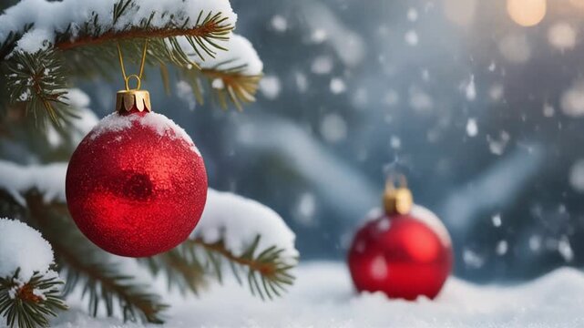 Escena navide&ntilde;a invernal con ramas de abeto cubiertas de nieve y elegantes bolas rojas brillantes. Fondo de bosque nevado desenfocado con suave ca&iacute;da de nieve y luz c&aacute;lida, 