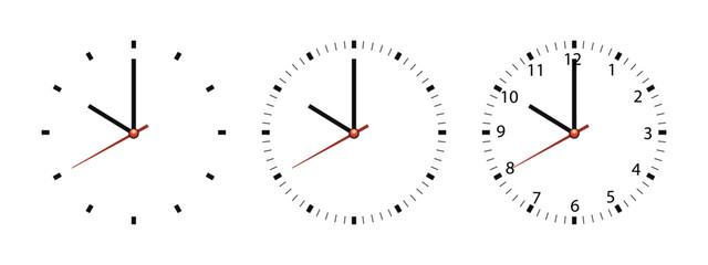 Realistic Wall Office Clock Face Set &ndash; Minimal White and Black Dials with Numbers and Clock Hands, Simple Front View Time Display Template Isolated