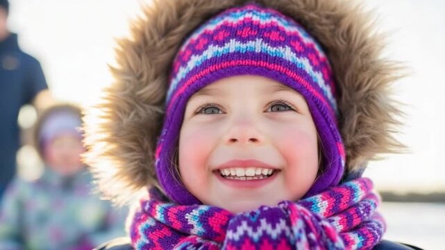 Closeup portrait of happy young child wearing purple and pink knitted winter hat with fur hood and matching scarf outdoors in bright sunlight