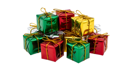 A vibrant pile of festive wrapped gifts in red, green, and gold, ready for holiday celebrations.