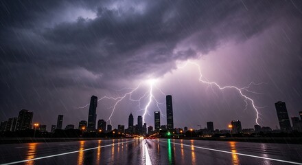 City skyline during thunderstorm with lightning strikes at night  