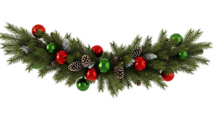 Christmas garland with fir branches, pine cones, ornaments, baubles, ribbons, bows, lights, and evergreen swags, festive holiday