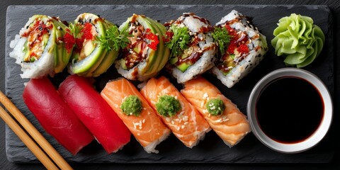 Assorted sushi rolls elegantly arranged on a black slate platter, garnished with wasabi and accompanied by soy sauce