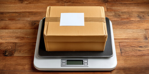 A brown delivery box resting on a digital scale, emphasizing shipping and logistics in a rustic wooden setting