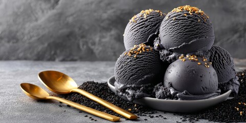 Black sesame ice cream scoops served on a plate with golden spoons against a textured dark background