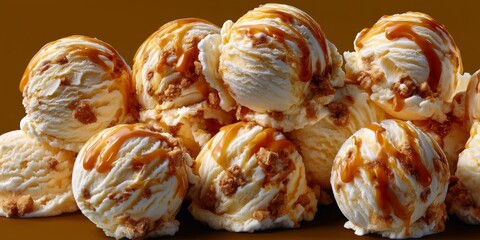 A close-up of caramel swirl ice cream scoops piled high against a warm backdrop, showcasing rich colors and textures
