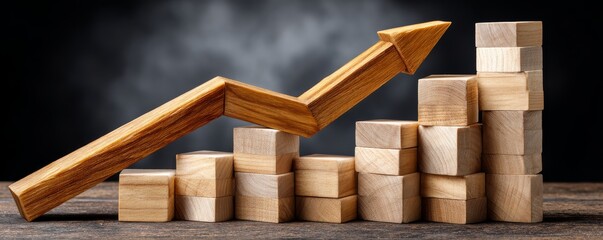 Wooden blocks arranged to form a rising graph with an upward arrow, symbolizing growth and business success