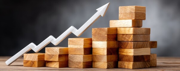A wooden block chart with an upward arrow, symbolizing growth and financial success, set against a blurred gray background
