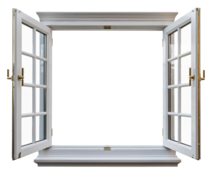 Open White French Window Frame with Brass Hardware on Black Background graphic design