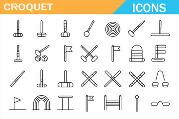 Croquet Equipment Line Icons Set Isolated on White Background
