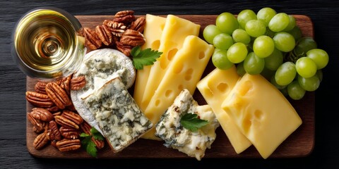 Cheese board featuring a variety of cheeses, green grapes, nuts, and a glass of wine arranged on a wooden platter
