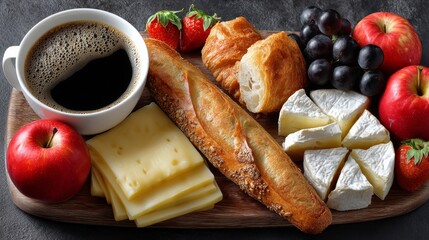 A classic French breakfast featuring coffee, pastries, fruits, and cheese on a wooden platter