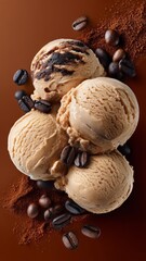Coffee ice cream scoops on a warm brown background with coffee beans and cocoa dust