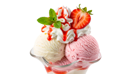 Ice cream sundae with strawberry and whipped cream Keywords: ice cream, sundae, dessert, sweet