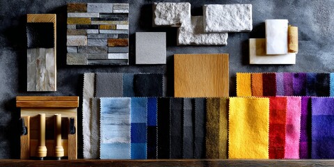 Color swatches and textured materials arranged on a dark surface, showcasing various patterns and hues for interior design