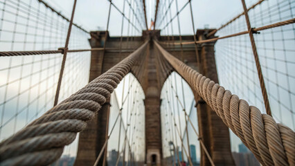 Obraz premium Infrastructure engineering precision art. detailed shot of suspension bridge cable system with focus on ropes and structure