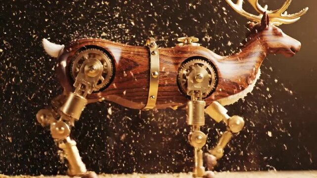 Intricate Steampunk Mechanical Reindeer Made of Wood and Brass Gears Walking with Golden Glitter Effect
