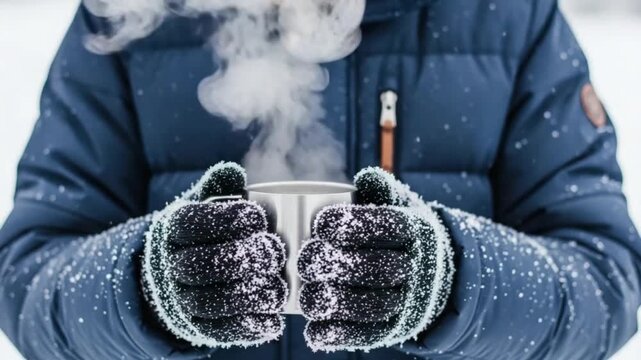Person wearing blue jacket and frosty gloves holding steaming hot beverage cup outdoors in winter