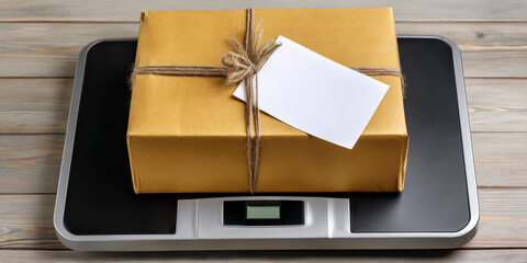 A golden delivery box with a bow on a digital scale against a wood background, ideal for shipping and logistics themes