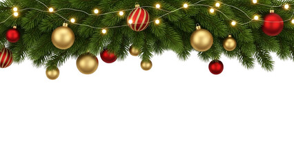 Christmas garland header with red and gold striped ornaments, baubles, fir branches, and glowing string lights, festive holiday decoration