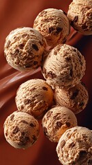 Scoops of coffee ice cream with chocolate chunks arranged on a warm brown background