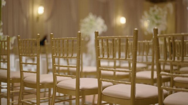 Close up of gold Chiavari chairs in rows with soft lights and blurred flowers behind. Elegant indoor setup shows warm and stylish decor for wedding or formal event.