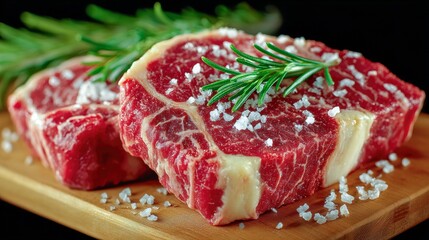 Obraz premium Two Fresh Raw Beef Steaks with Rosemary and Sea Salt Ready for Cooking, Gourmet Food Preparation