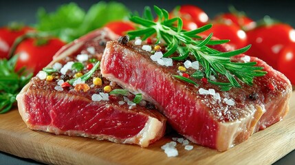 Obraz premium Delicious Grilled Beef Steaks with Fresh Herbs and Spices on a Wooden Board, Ready for a Gourmet Meal.