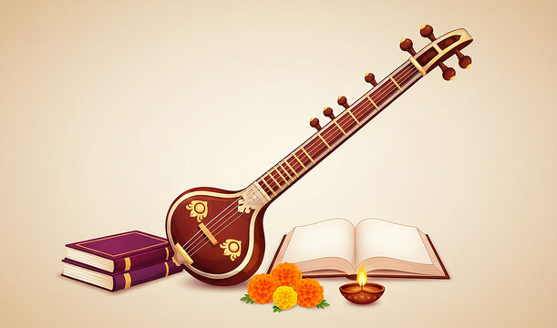 Vasant Panchami Saraswati Puja Festival Veena, book Marigold Flowers and Diya in the Beige Gradient Background