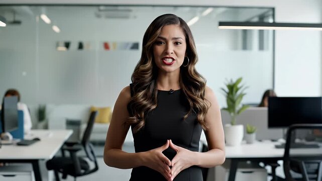 Confident businesswoman speaks directly to camera in modern office setting conveying authority and professionalism for corporate video content and presentations