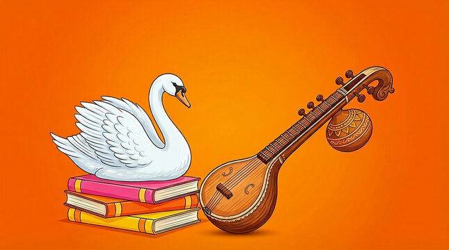 Vasant Panchami Saraswati Puja Festival Veena, book and Duck in the Orange Gradient Background