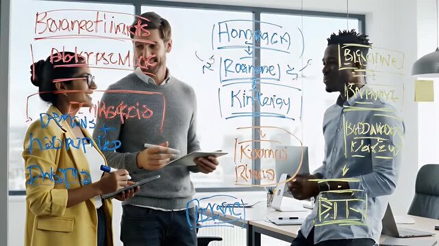 Creative team brainstorming and planning a website structure on a glass whiteboard in a modern office setting showcasing collaboration and digital strategy development