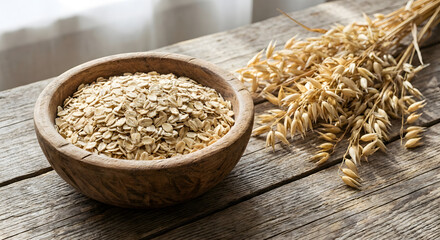 Organic Rolled Oats in a Wooden Bowl with Wheat Stalks on Rustic Wooden Surface