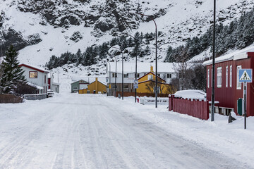 Snowy village street in Vik i Myrdal, Iceland.