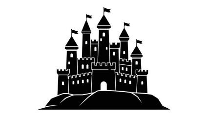 a striking silhouette of a majestic castle complete with multiple towers flags and a detailed fortress design stands proudly on a grassy hill high quality © Lsg 21