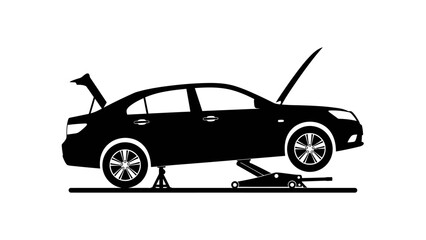 a sleek black sedan is depicted with its hood raised and supported seemingly undergoing maintenance with a jack underneath high quality professional detailed modern elegant