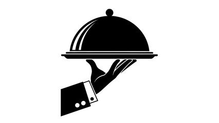 a simple black and white illustration depicts a hand presenting a covered dish on a platter suggesting service high quality professional detailed modern elegant stylish