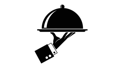 a simple black and white illustration depicts a gloved hand presenting a covered serving dish on a silver platter high quality professional detailed modern elegant