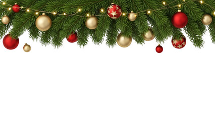 Christmas garland border with red and gold patterned ornaments, baubles, fir branches, and glowing string lights, festive holiday