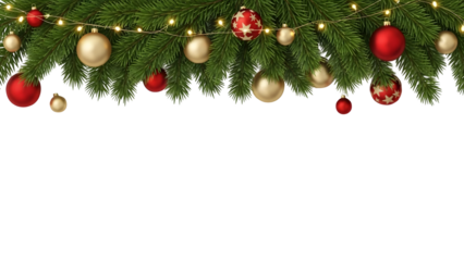 Christmas garland border with red and gold patterned ornaments, baubles, fir branches, and glowing string lights, festive holiday