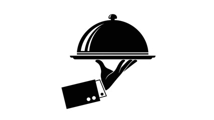 a simple black and white illustration depicts a gloved hand presenting a covered serving dish on a silver platter symbolizing upscale dining high quality professional