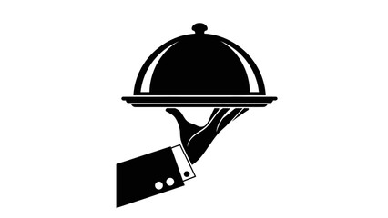Fototapeta premium a black and white illustration depicts a hand presenting a covered serving dish on a silver platter showcasing elegant dining service high quality professional detailed