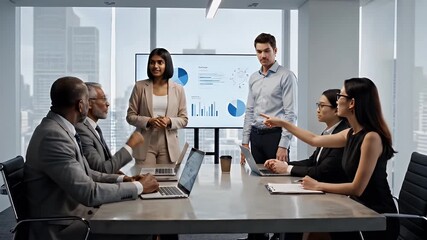 Diverse business team collaborates during a presentation in a modern office boardroom analyzing data and charts to drive strategic decision-making for growth - Powered by Adobe